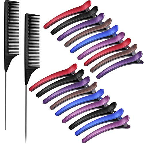 18 Pieces Styling Hair Clips Duckbill Alligator Hair Barrettes Pins and 2 Packs Black Carbon Fiber Tail Comb Rat Tail Comb Stainless Steel Pin Tail Comb Heat Resistant Teasing Comb