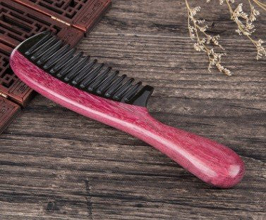 Myhsmooth Zb-yb-mt Wide Tooth Handmade No Static Black Buffalo Horn Comb with Violetwood Handle (Rounded)