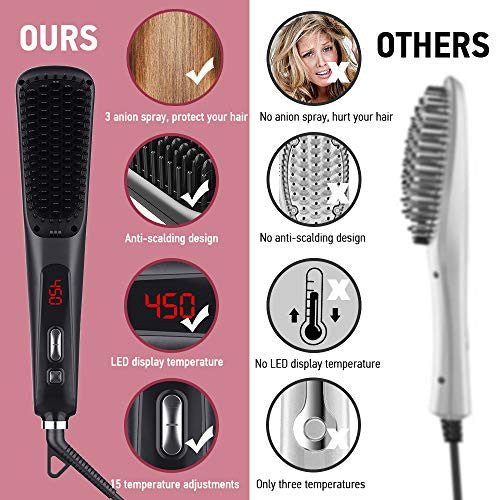 3Stone Ionic Hair Straightener Brush, Anti-Scald Hair straightening Comb with 30s Fast MCH Ceramic Heating, 15 Adjustable Heat Settings,One-Step Hair Dryer & Volumizer& Styler