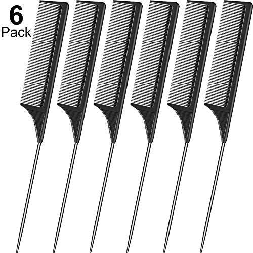 6 Pieces Rat Tail Comb Fiber Teasing Combs Rat Tail Lifting Combs Styling Combs, Carbon Fiber and Stainless Steel Pintail for Hair Salon or Home Supplies (Black)