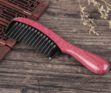 Myhsmooth Zb-yb-mt Wide Tooth Handmade No Static Black Buffalo Horn Comb with Violetwood Handle (Rounded)