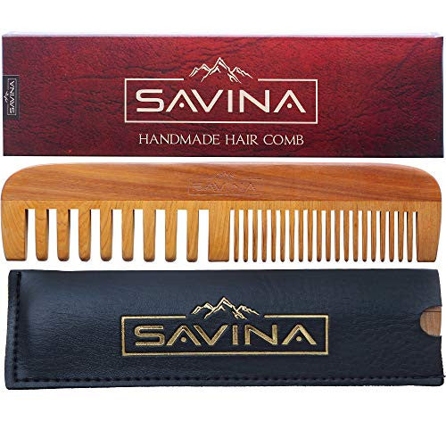 Wooden Comb - 8.8'' Big Hair Comb - Suitable For All Hair Types & For Any Member Of Your Family - Medium & Wide Tooth Wood Comb - Premium Carrying Pouch - Designed in Gift Box by Savina.