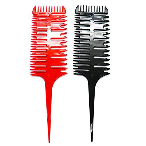 Pomeat 2 Pcs Professional 3-Way Hair Combs Weaving & Sectioning Foiling Comb for Hair Black+Red