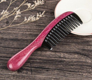 Myhsmooth Zb-yb-mt Wide Tooth Handmade No Static Black Buffalo Horn Comb with Violetwood Handle (Rounded)