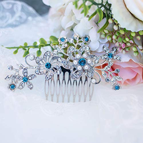 Wedding Hair Comb Bridal Accessories Pieces Clip Blue Crystal Pearl and Rhinestone in Silver for Bride Bridesmaid or Prom by Your Something Blue