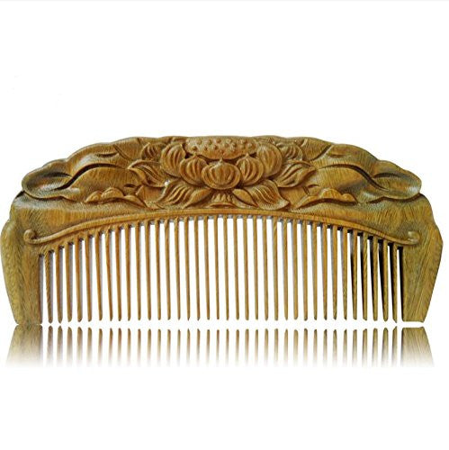 Handmade Carved Natural Sandalwood Hair Comb - Anti-Static Sandalwood Hair Comb Beard Brush Rake Comb Handmade Engraving Lotus