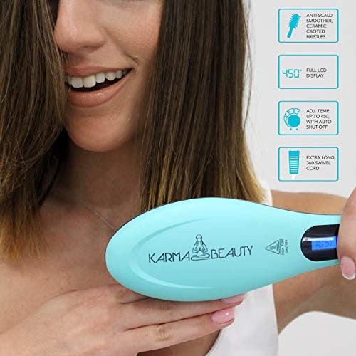 Hair Straightener Brush | Anti - Scald straightening Heat Brush | Ionic Ceramic Technology | LCD Screen | Auto Shut Off | Karma Beauty |(Turquoise)