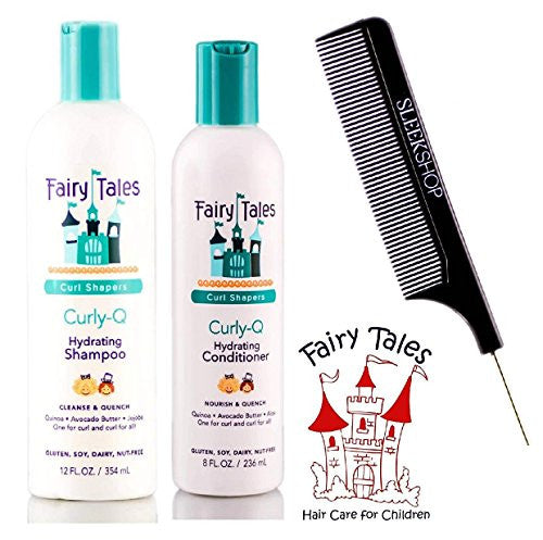 Fairy Tales CURLY Q Hydrating Shampoo & Conditioner DUO Set, CURL SHAPERS (with Sleek Steel Pin Tail Comb) (12 oz + 8 oz DUO Kit)