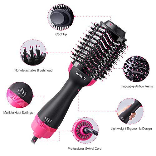 Hair Dryer Brush, LOMEZI Hot Air Brush, One Step Hair Dryer & Volumizer, 3 in1 Anti-scald Negative Ionic Ceramic Dryer Brush for Dry & Straighten & Curl, Smooth Frizz (black-2)