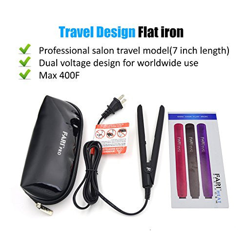 FARI Travel Mini Hair Flat Iron 1/2 Inch Ceramic Tourmaline Hair Straightener with Travel Bag Dual Voltage Travel Iron For Worldwide Use Temp 400F (Black)