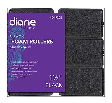 Diane Foam Rollers, Black, 1 1/2", 6/bag, Won't hurt your hair, Satin, Hair rollers and curl, Dense foam, Snap closure