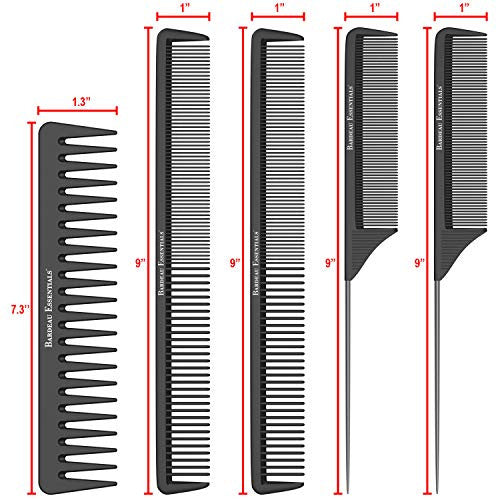 Peignes de coiffure de salon | 5 pièces | Peignes à cheveux professionnels en fibre de carbone noire | Peigne démêlant | Peigne à queue de rat | Peigne taquin | Ensemble de peignes combinés de qualité salon pour hommes et femmes par Bardeau Essentials