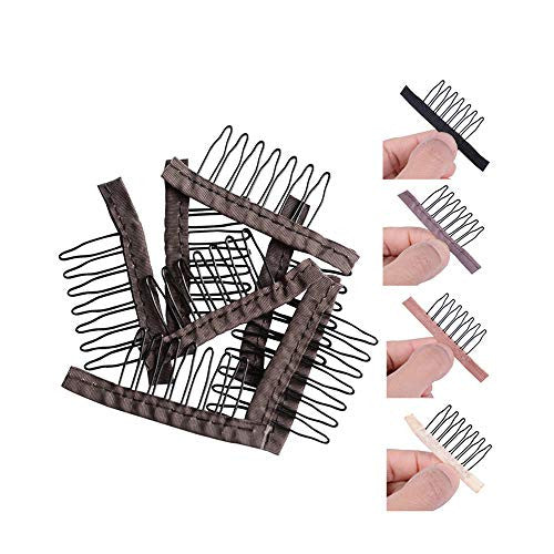 24 pcs/lot Wig Combs for Making Wig Caps 7-teeth Wig Clips Steel Teeth with Cloth Wig Combs for Hairpiece Caps Wig Accessories Tools Wig Clips for Wig (Dark Brown)