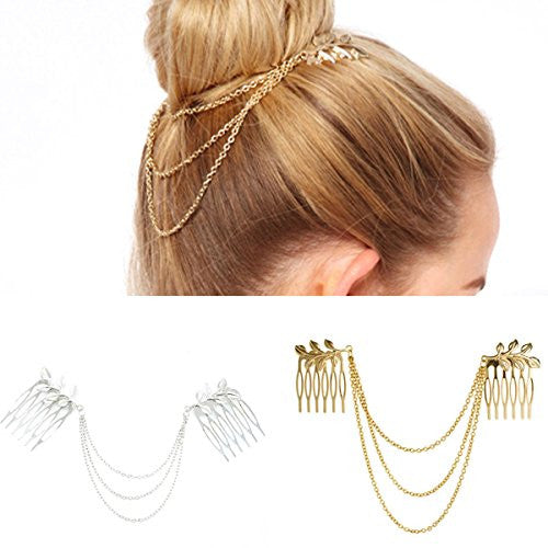 Numblartd 2 Pcs Women BOHO Chic Metal Leaf Chain Tassel Headband Hair Comb - Fashion Fringe Hair Clip Pins Hairpin HeadPiece Head Band Headwear Hair Accessories for Wedding Party or Everyday Wear