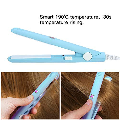 2 in 1 Mini Hair Straightener Ceramic Tourmaline Plate Beauty Flat Iron Heating Curler（4Colors ） (Sky blue beauty plug)