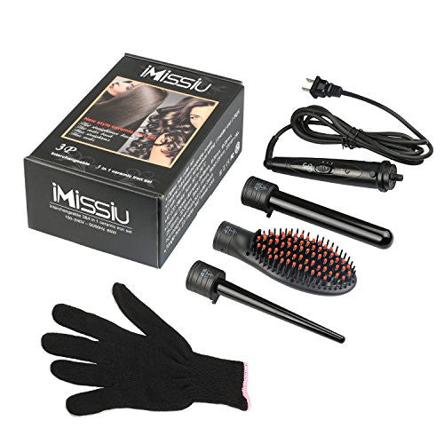 3 in 1 Curling Iron Set Curling Wand with Hair Straightening Brush and 2 Interchangeable Curling Wand Ceramic Barrels & Heat Protective Glove