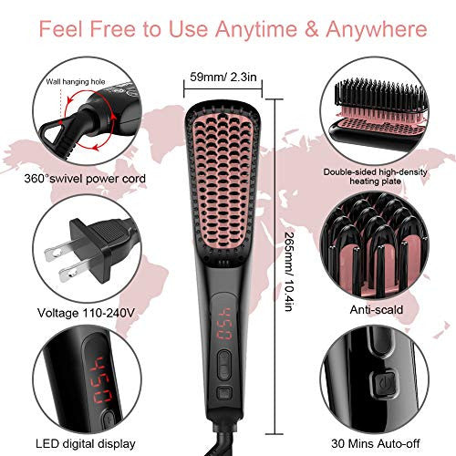 CINEEN Brosse à lisser ionique, brosse à lisser les cheveux avec chauffage rapide en céramique MCH, peigne à lisser avec anti-brûlure, réglage de la température, arrêt automatique pour la maison et les voyages