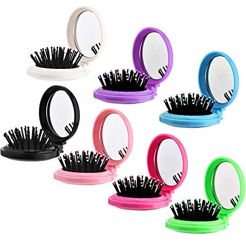 7 Pieces Round Travel Hair Brush with Mirror Mini Folding Hair Brush Gift Pocket Hair Bomb with Makeup Mirror for Daily Travel Supplies