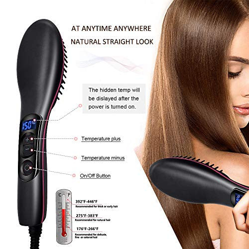 Hair Straightener Brush, Ceramic Heating Negative Ionic Hair Straightening Brush Time-Saving Hair Styling Tools with LED Temp Display and 30 Levels of Temperature, Reduce Static and Auto-off