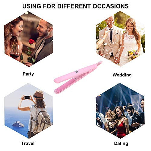 Hair Straightener Flat Iron, 2 in 1 Mini Hair Straightener Ceramic Tourmaline Plate Beauty Flat Iron Heating Curler（4Colors ） (Pink beauty plug)