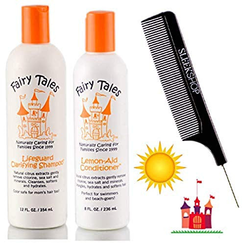 Fairy Tales SUN & SWIM Lifeguard Clarifying Shampoo & Lemon-Aid Conditioner DUO SET (with Sleek Steel Pin Tail Comb) Remove Sea Salt & Chlorine Green from Pools (DUO KIT : 12 oz + 8 oz)