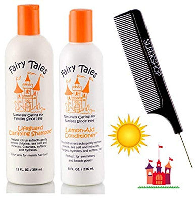 Fairy Tales SUN & SWIM Lifeguard Clarifying Shampoo & Lemon-Aid Conditioner DUO SET (with Sleek Steel Pin Tail Comb) Remove Sea Salt & Chlorine Green from Pools (DUO KIT : 12 oz + 8 oz)