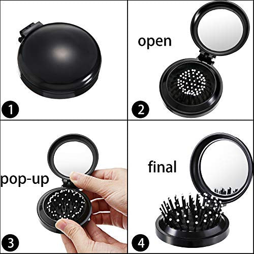 2 Pieces Folding Travel Mirror Hair Brushes Round Folding Pocket Hair Brush Mini Hair Comb Compact Travel Size Hair Massage Comb for Women and Girls (Black, Purple)