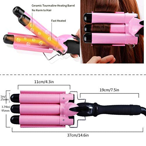 3 Barrel Curling Iron Hair Waver Crimper Hair Iron with LCD Temperature 176℉-446℉Display- Dual Voltage Beach Wave Iron Wavy Hair Curler, Ceramic Tourmaline Triple Barrel Curling Wand 1 Inch, Pink