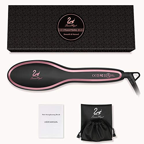 Hair Straightening Brush, SwanMyst Ceramic Ionic Hair Straightener Brush Iron with Auto Temperature Lock and Auto Shut-off Function, Universal Dual Voltage, Gift Water-proof Travel Pouch, Matt Black