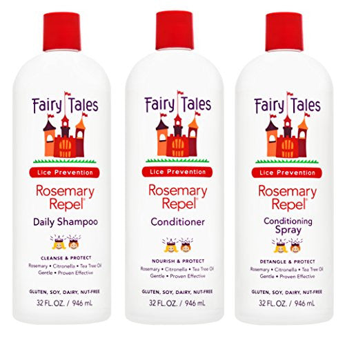 Fairy Tales Rosemary Repel Daily Kids Shampoo, Cream Conditioner & Conditioning Lice Spray Refill Trio for Lice Prevention