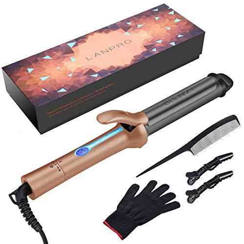 LANPRO Curling Iron Curling Wand - Digital Hair Curler with 1 1/4 inch Ceramic Barrel & Anti-scalding Wand Tip Spring Curling iron 265°F to 450°F for All Hair Types Dual Voltage Gold