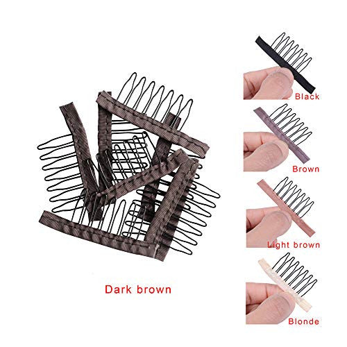 24 pcs/lot Wig Combs for Making Wig Caps 7-teeth Wig Clips Steel Teeth with Cloth Wig Combs for Hairpiece Caps Wig Accessories Tools Wig Clips for Wig (Dark Brown)