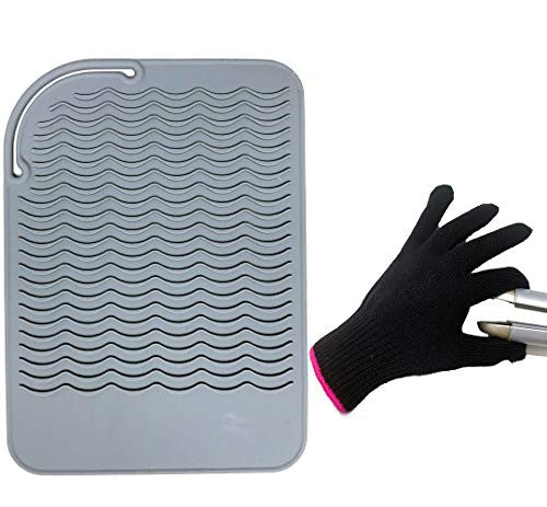 Flat Iron Travel Mat, Curling Iron Counter Protector with Heat Resistant Glove for Curling Irons, Hair Straightener, Flat Irons and Hair Styling Tools, 9” x 6.5”, Gray by Lessmon