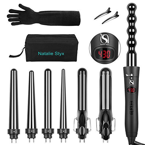 7 in 1 Curling Iron, Professional Curling Wand Set - 7 Interchangeable Ceramic Barrel Wand Curling Iron - Dual Voltage, Digital Temp Control Hair Curler for All Hair Types with Glove Travel Bag, Black