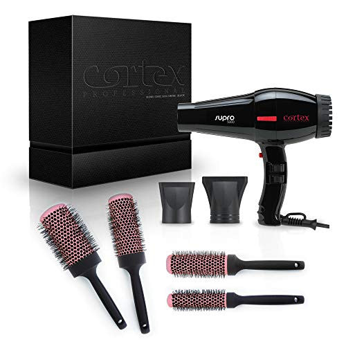 Cortex Professional Supro 5000 Ionic 1875 Watt Salon Model Hair Dryer with 4 Piece Professional Cortex Brush Salon Bundle