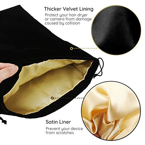 3 Packs Hair Dryer Storage Bag, Segbeauty Blow Dryer Bag Velvet Bag with Drawstring 11.8x15.7 inches Travel Stain Lined Pouch Black Packing Organizer Bag for Diffuser, Straighteners, Clothes