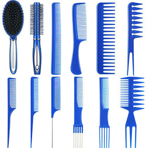 12 Pieces Hair Brush Comb Set Paddle Hair Brush Detangling Brush, Including 1 Airbag Massage Comb,1 Roller Brush and 10 Hair Styling Comb for Wet, Dry, Curly and Straight Hair (Blue)