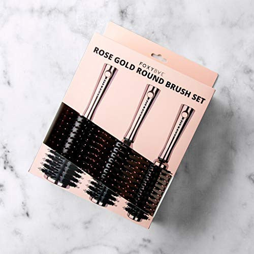 Foxybae Round Hair Brush Set - Rose Gold Hair Detangler Brush for Women, Men, Kids - Professional Hair Volumizer Brushes with Vented Barrel - Nylon & Boar Bristles Hair Styling Brush - MSRP $59.95
