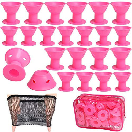 JANYUN 40 Pcs Pink Magic Hair Rollers, 20 Pcs Large and 20 Pcs Small Silicone Curlers with Hairnet