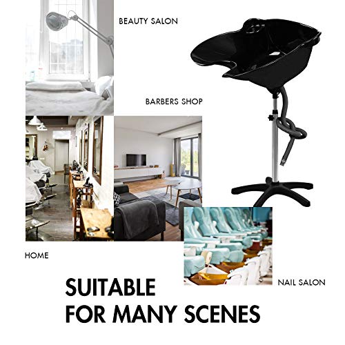 Giantex Shampoo Bowl with Height Adjustable Stand, Drain Hose, Portable Shampoo Sink for Washing Hair, Standing Salon Deep Shampoo Basin for Older Clients Kids Beauty Barber Stylist, Black