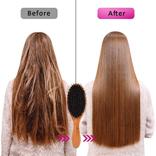 Brosse à cheveux en poils de sanglier pour femmes, hommes et enfants. Brosse à cheveux en bois pour cheveux lisses, bouclés, courts et longs. Ajoute de la brillance et améliore la texture des cheveux. Outil de nettoyage de brosse à cheveux inclus.