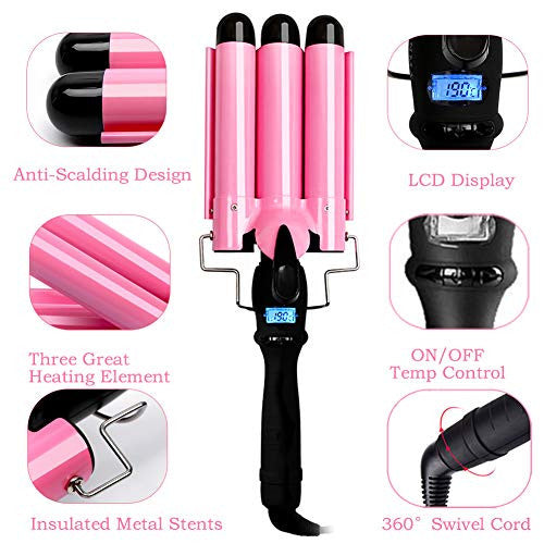 3 Barrel Tourmaline Wand Professional Large Beach Wave Curling Iron Salon Curlers with LCD Display and 13 Adjustable Temperature Control Ceramic Hair Heating Styling Tools Roller