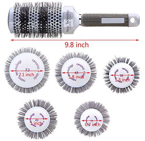 Ensemble de brosses thermiques rondes en céramique pour le séchage par soufflage, grande brosse à cheveux ronde nano ionique chauffée, 5 tailles différentes