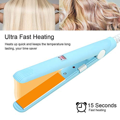 2 in 1 Mini Hair Straightener Ceramic Tourmaline Plate Beauty Flat Iron Heating Curler（4Colors ） (Sky blue beauty plug)