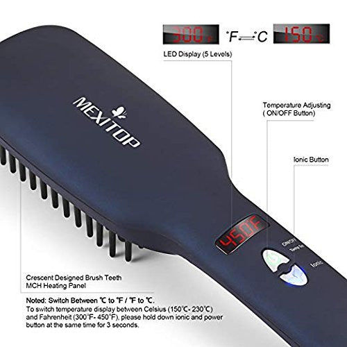 MEXITOP Ionic Hair Straightener Crescent Brush Comb MCH Ceramic Heating LED Display Adjustable Temperatures Anti Scald Hair Straightening for All