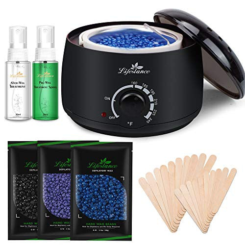 Lifestance Wax Warmer Hair Removal Kit with 3 Bags Hard Wax Beans and 20 Wax Applicator Sticks for Full Body, Legs, Face, Eyebrows, Bikini Women Men Painless At Home Waxing