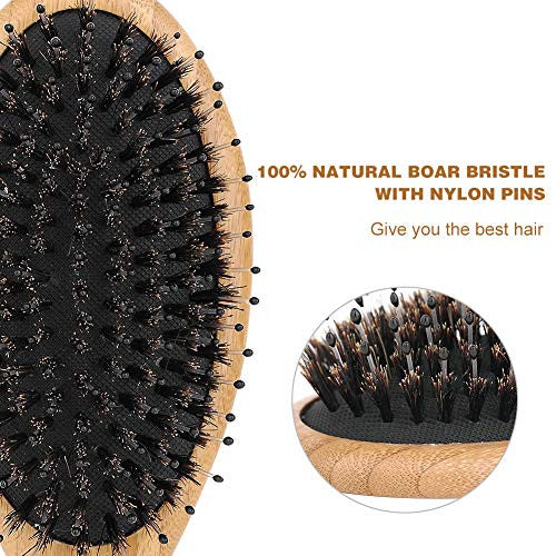 Brosse à cheveux en poils de sanglier BLACK EGG, brosse à cheveux en poils naturels pour femmes, hommes et enfants, brosse à cheveux en bambou pour cheveux mouillés/secs, lissant, massant, démêlant, réduisant les frisottis, restaure la brillance naturelle