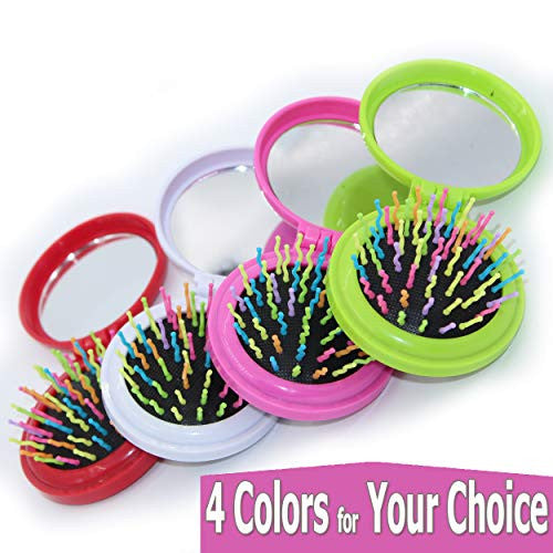 Mini Travel Makeup Hair Brushes Folding Hair Brush Gifts for Women Pocket Wet Magic Round Hair Comb Mirror (Pink)