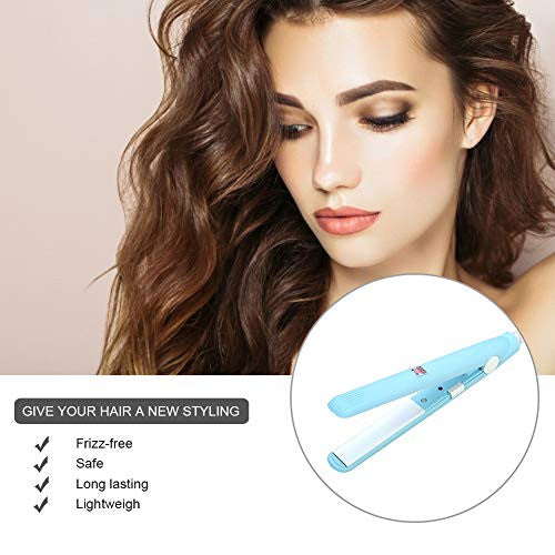 2 in 1 Mini Hair Straightener Ceramic Tourmaline Plate Beauty Flat Iron Heating Curler（4Colors ） (Sky blue beauty plug)