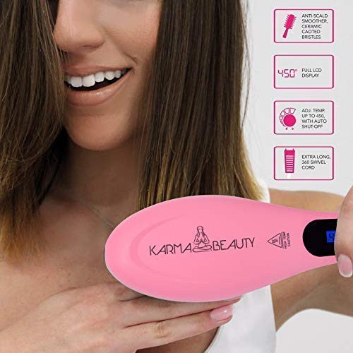 直发梳 | 防烫直发热刷 | 离子陶瓷技术 | 液晶屏 | 自动关机 | Karma Beauty |（粉色）